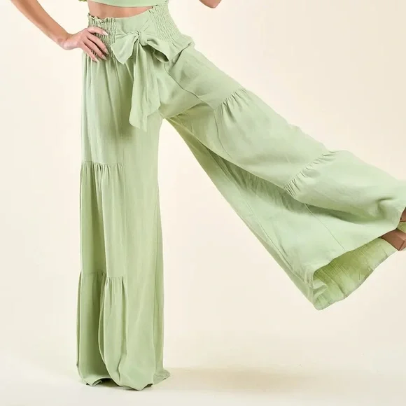 NEW!! Kiwi Boho Wide Leg Linen Palazzo Pants With Waist Sash - Picture 4 of 5
